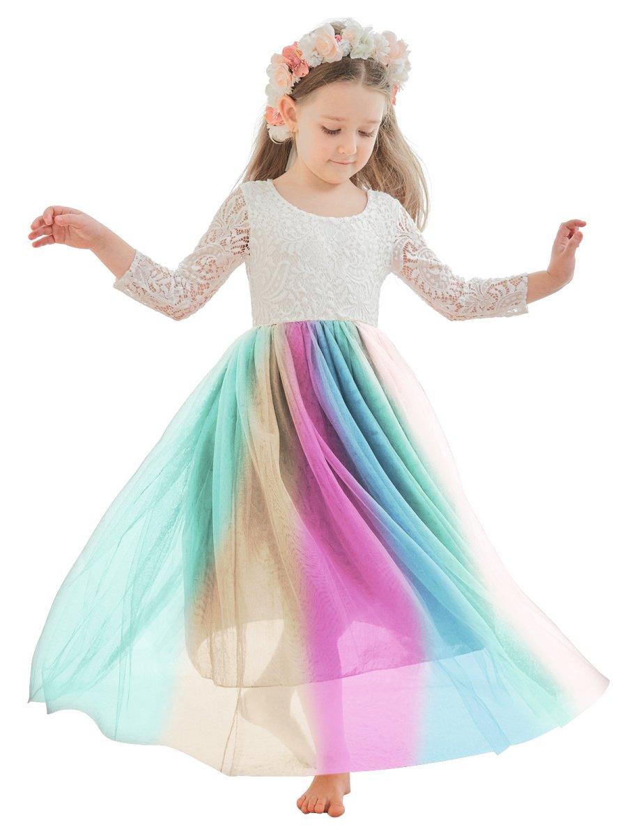 White Lace Tulle A-Line Long Sleeve Scoop Neck Flower Girl Dress