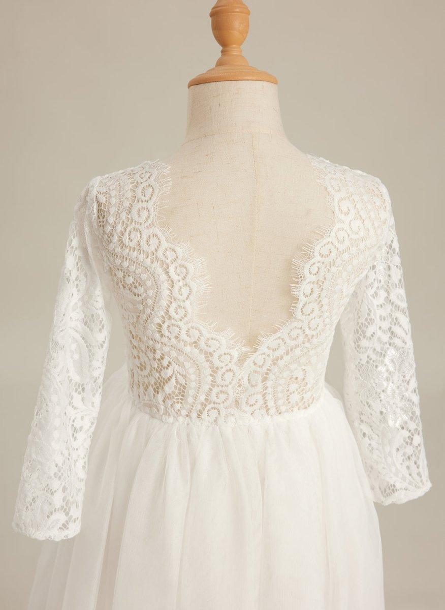 White Lace Tulle A-Line Long Sleeve Scoop Neck Flower Girl Dress