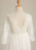 White Lace Tulle A-Line Long Sleeve Scoop Neck Flower Girl Dress