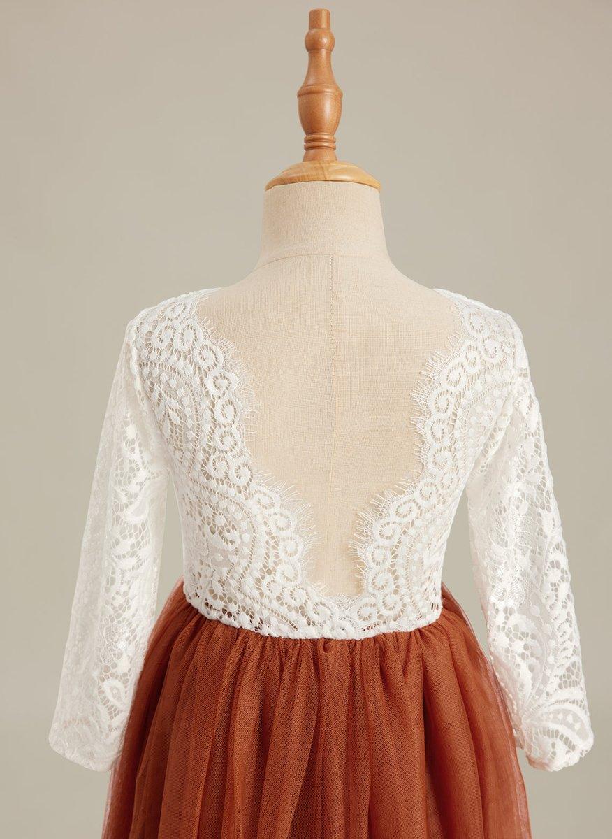 White Lace Tulle A-Line Long Sleeve Scoop Neck Flower Girl Dress