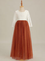 White Lace Tulle A-Line Long Sleeve Scoop Neck Flower Girl Dress