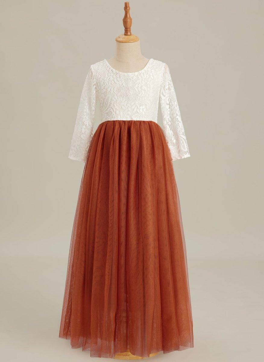 White Lace Tulle A-Line Long Sleeve Scoop Neck Flower Girl Dress