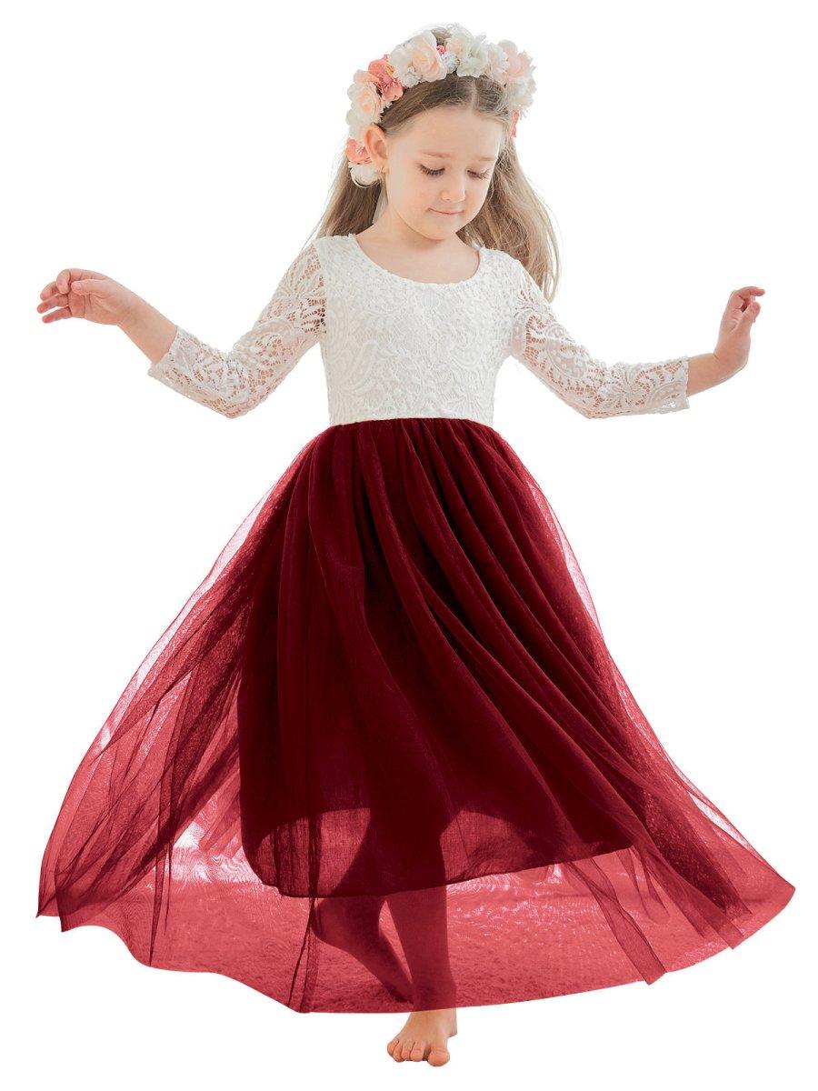 White Lace Tulle A-Line Long Sleeve Scoop Neck Flower Girl Dress