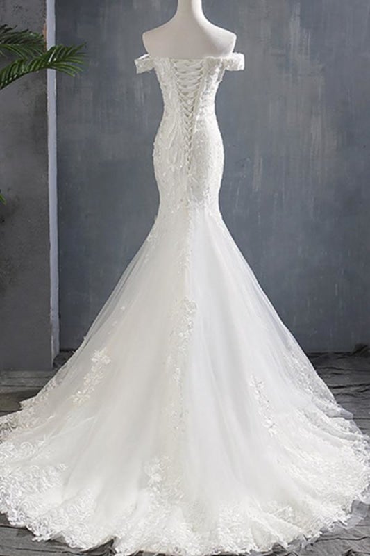 Robe de mariée élégante sirène à épaules dénudées avec laçage en dentelle