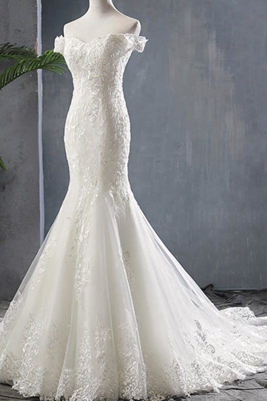 Robe de mariée élégante sirène à épaules dénudées avec laçage en dentelle