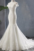 Robe de mariée élégante sirène à épaules dénudées avec laçage en dentelle