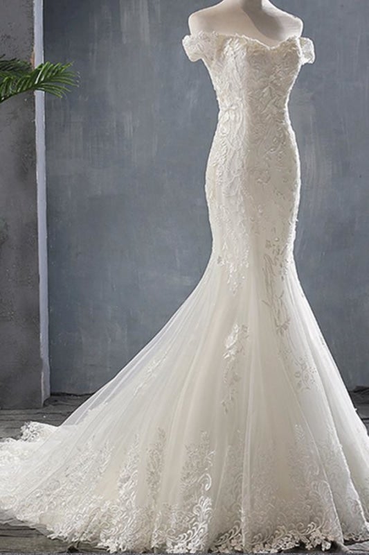 Robe de mariée élégante sirène à épaules dénudées avec laçage en dentelle