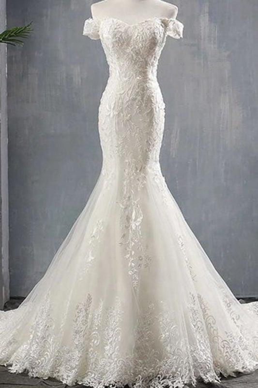 Robe de mariée élégante sirène à épaules dénudées avec laçage en dentelle