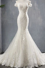 Robe de mariée élégante sirène à épaules dénudées avec laçage en dentelle