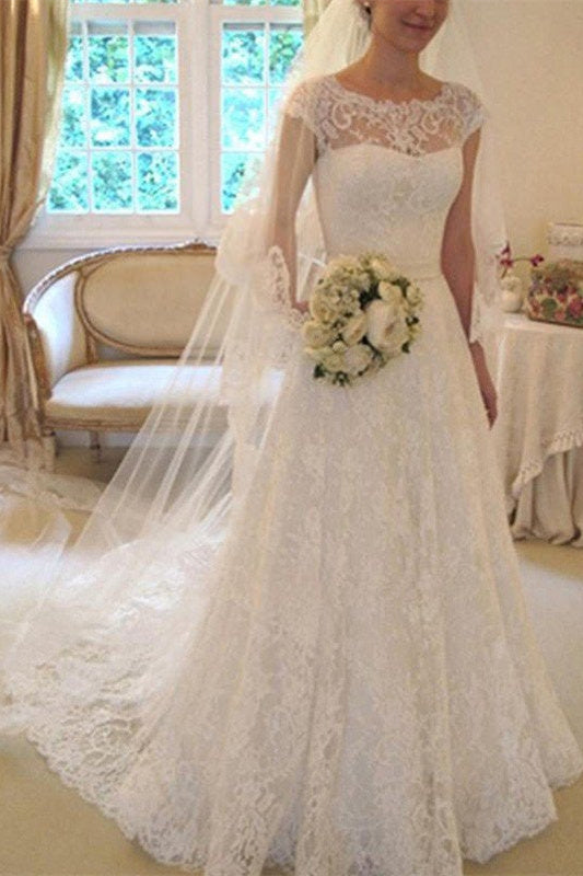 Applique Short Sleeves Square Lace Ribbon Wedding Dress