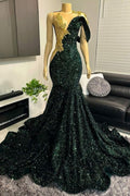 Robe de bal sirène asymétrique vert foncé à sequins, robe moulante de fête ornée de cristaux dorés en relief 3D