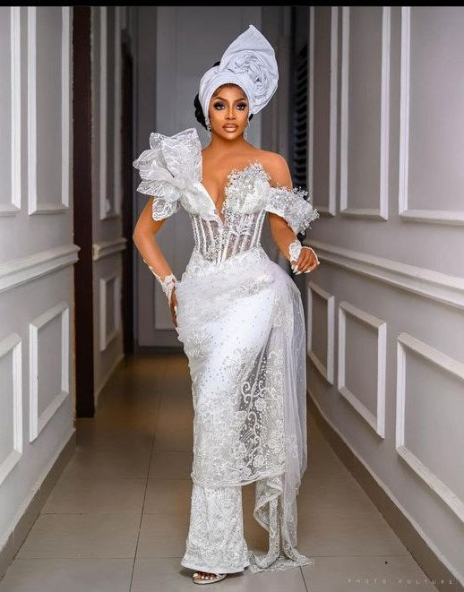 Vestido de fiesta de sirena asimétrico con encaje y cuentas de lujo, vestido de fiesta de noche ajustado