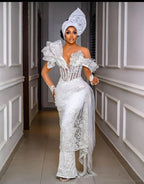 Vestido de fiesta de sirena asimétrico con encaje y cuentas de lujo, vestido de fiesta de noche ajustado