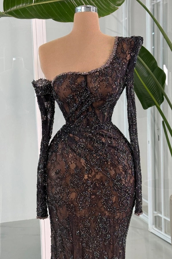 Asymmetrical Black Long Sleeves Mermaid Prom Dress With Appliques And Beadings