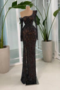 Asymmetrical Black Long Sleeves Mermaid Prom Dress With Appliques And Beadings
