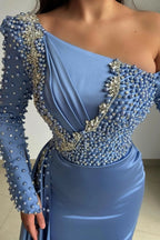 Blue Asymmetrical Mermaid Prom Dress With Beadwork Long Sleeves And Slit