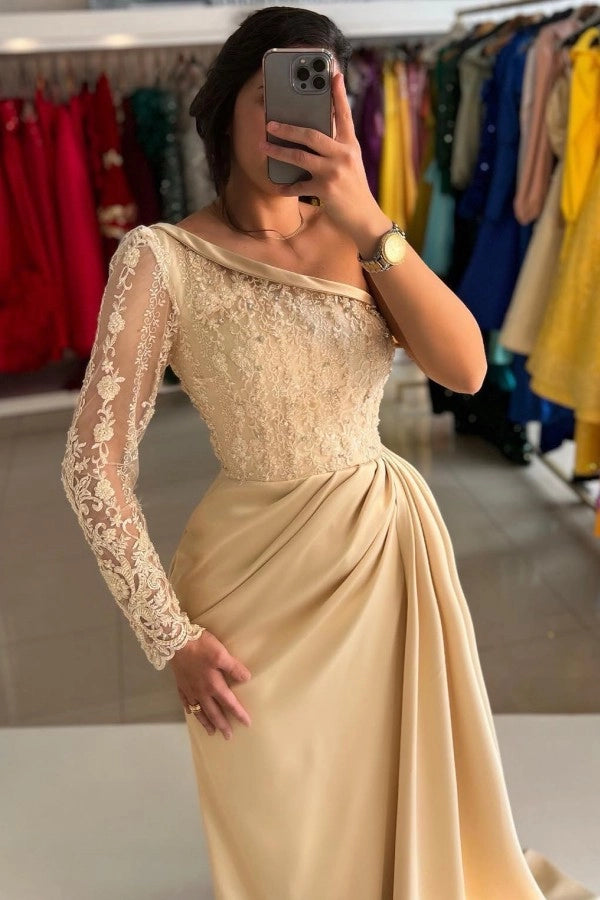Champagne One Shoulder Asymmetrical Column Prom Dress With Appliques
