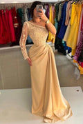 Champagne One Shoulder Asymmetrical Column Prom Dress With Appliques