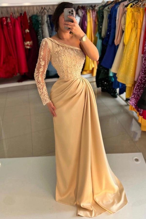 Champagne One Shoulder Asymmetrical Column Prom Dress With Appliques
