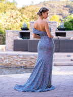 Robe de bal sirène à paillettes avec encolure asymétrique