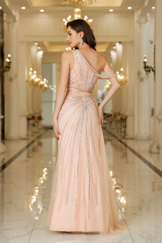 Vestido de Festa Assimétrico com Miçangas em Tule, Sem Mangas, Fenda Lateral, Comprimento ao Chão, para Ocasiões Especiais