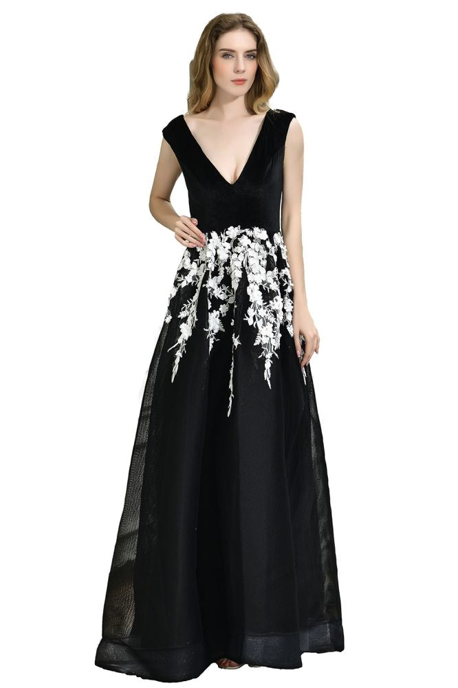 Attractive Black V-neck Aline Prom Dress White Floral Appliques Tulle Party Dress