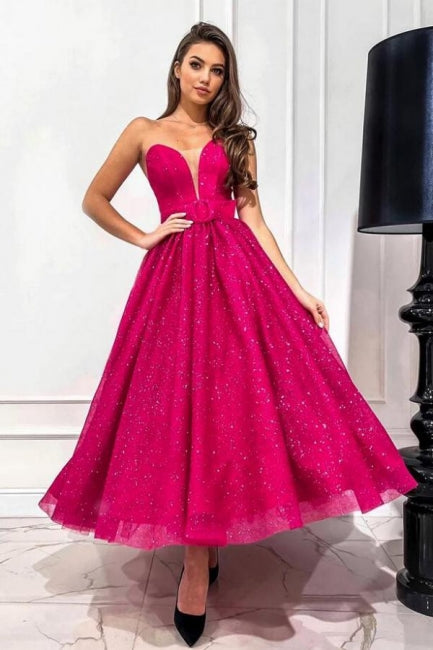 Abito da sera fucsia attraente a linea ad A con scollo a cuore senza spalline e paillettes