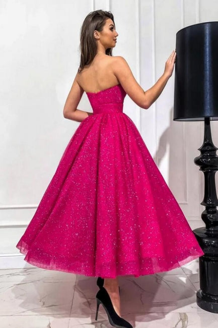 Abito da sera fucsia attraente a linea ad A con scollo a cuore senza spalline e paillettes