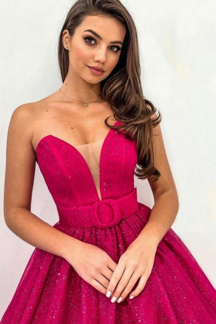 Abito da sera fucsia attraente a linea ad A con scollo a cuore senza spalline e paillettes