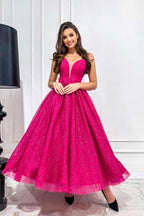 Abito da sera fucsia attraente a linea ad A con scollo a cuore senza spalline e paillettes