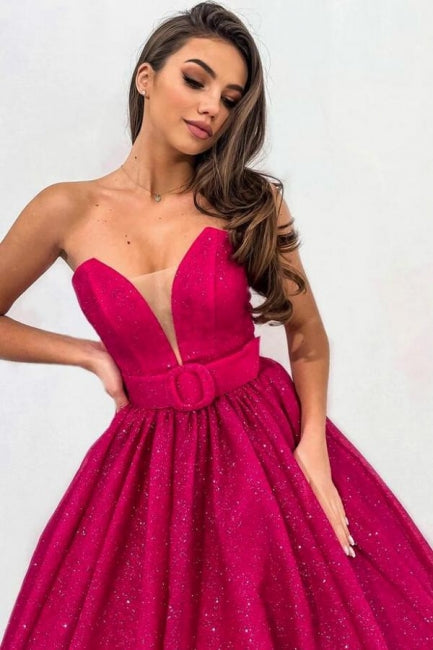 Abito da sera fucsia attraente a linea ad A con scollo a cuore senza spalline e paillettes