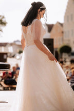 Ivory V Neck Short Sleeve A Line Wedding Dress With Appliques And Beads