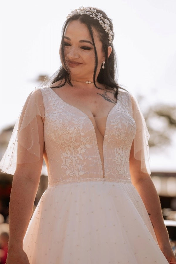 Ivory V Neck Short Sleeve A Line Wedding Dress With Appliques And Beads