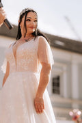 Ivory V Neck Short Sleeve A Line Wedding Dress With Appliques And Beads
