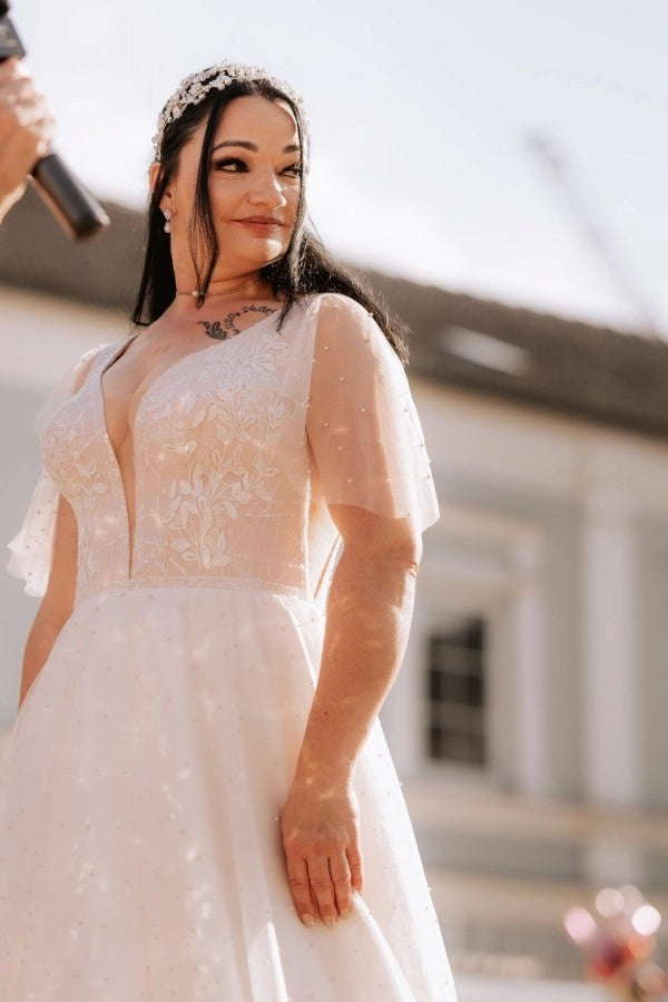 Ivory V Neck Short Sleeve A Line Wedding Dress With Appliques And Beads