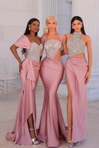 Abito da sera lungo rosa con scollo a barca, pizzo, perline e spacco, stile sirena attraente