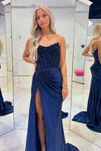 Aurorae | Robes longues de bal en velours bleu marine à encolure dégagée sirène avec perles