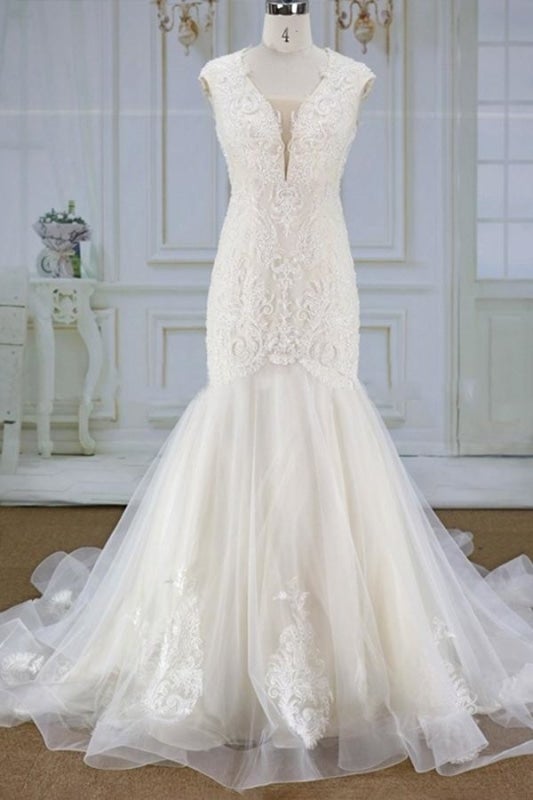Superbes appliques en tulle robe de mariée élégante sirène