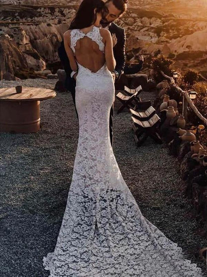Fantastische Spitze Open Back Strand Meerjungfrau elegante Brautkleider 