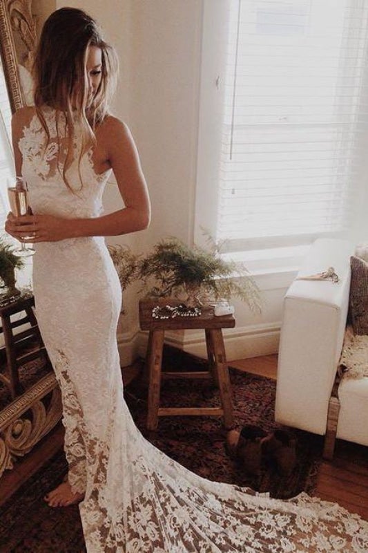 Fantastische Spitze Open Back Strand Meerjungfrau elegante Brautkleider 