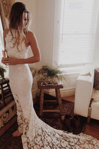 Fantastische Spitze Open Back Strand Meerjungfrau elegante Brautkleider 