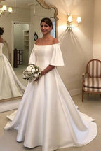 Off The Shoulder A Line Short Sleeves Wedding Dress With Satin Ruffles Train