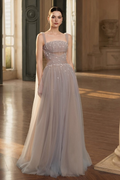 Custom Made Tulle Straps Sleeveless Beaded Long Prom Dress
