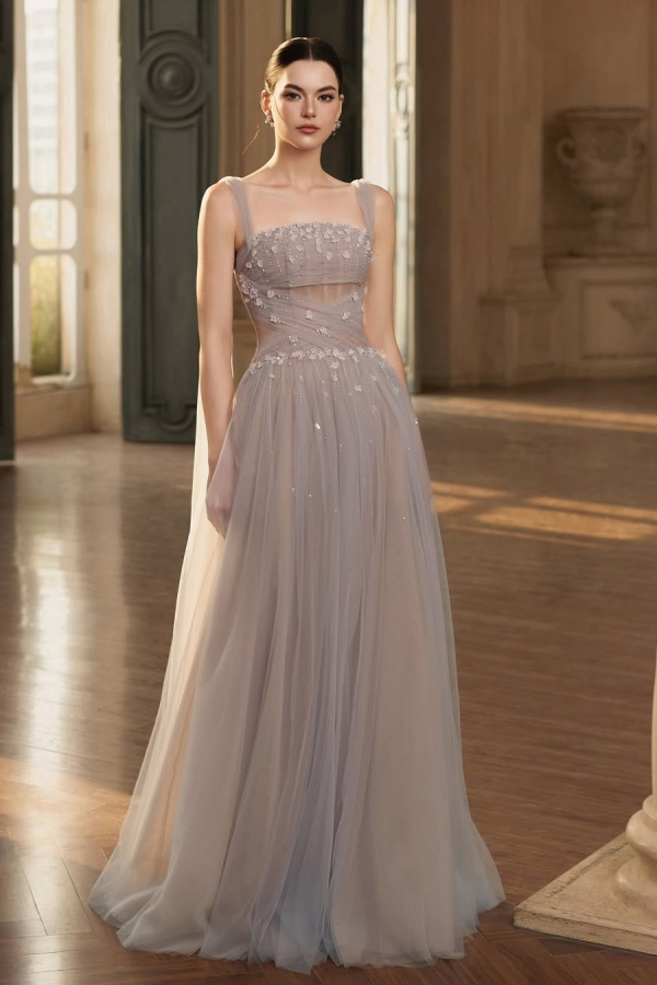 Custom Made Tulle Straps Sleeveless Beaded Long Prom Dress