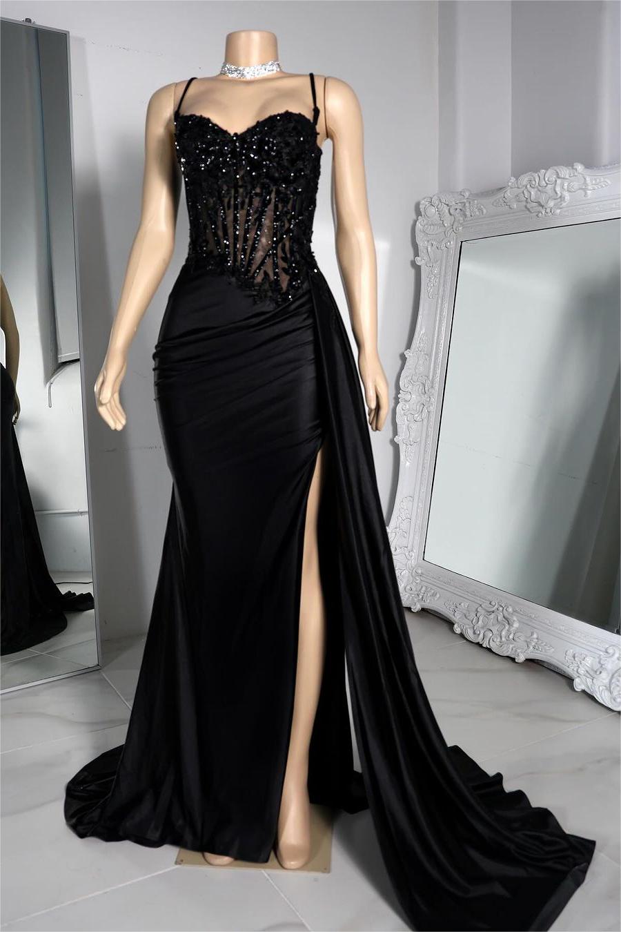 Exquisite Black Spaghetti Strap Prom Dress Pleated Beading Long Split