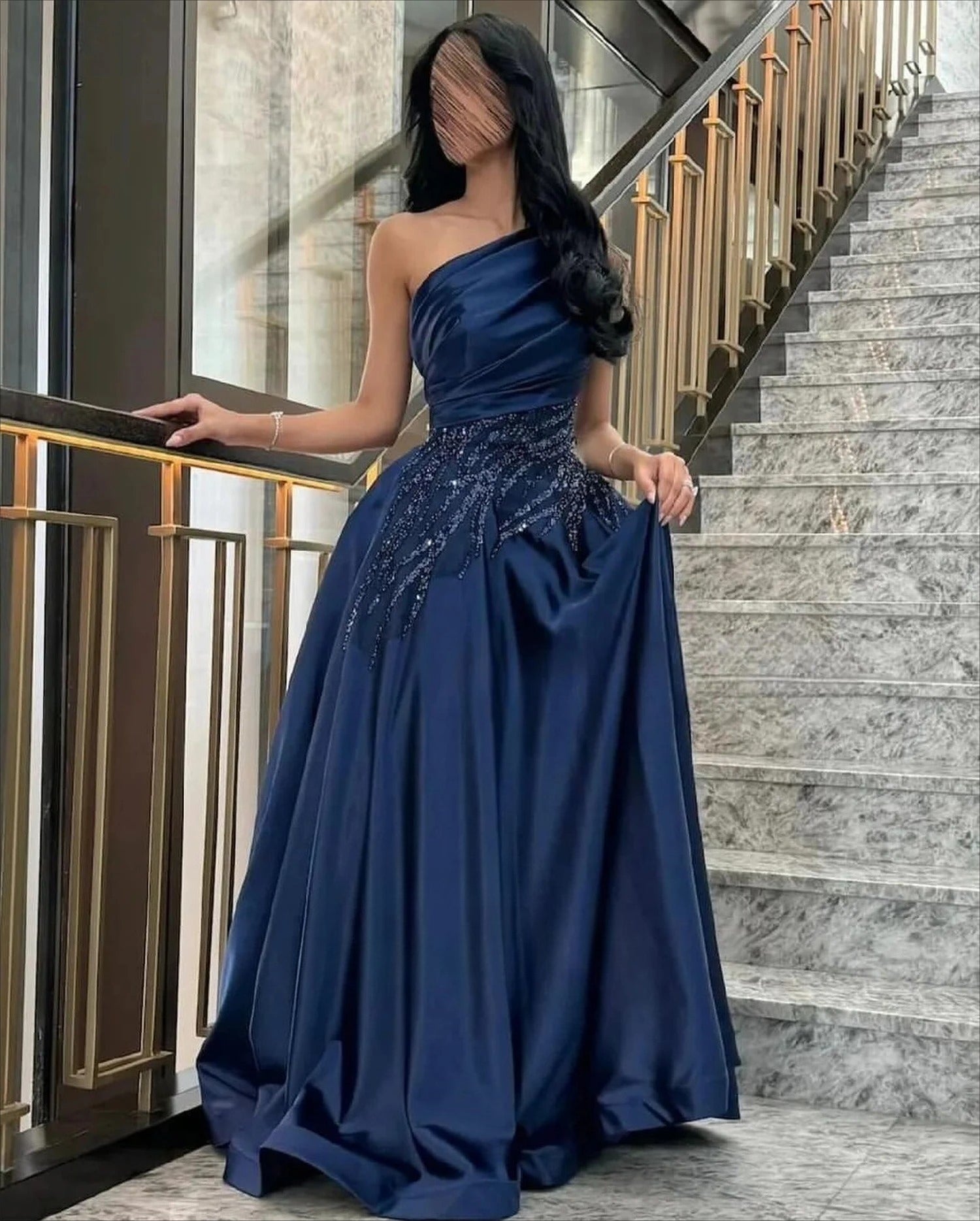 Luxury Woman Women's Evening Dress Dark Blue Satin Glitter Trim Line A Graduation Dresses Party Elegant Prom Wedding Customized