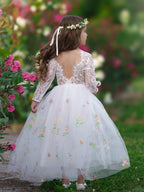 White Floral Lace Tulle Flower Girl Dress A Line Long Sleeve Floor Length