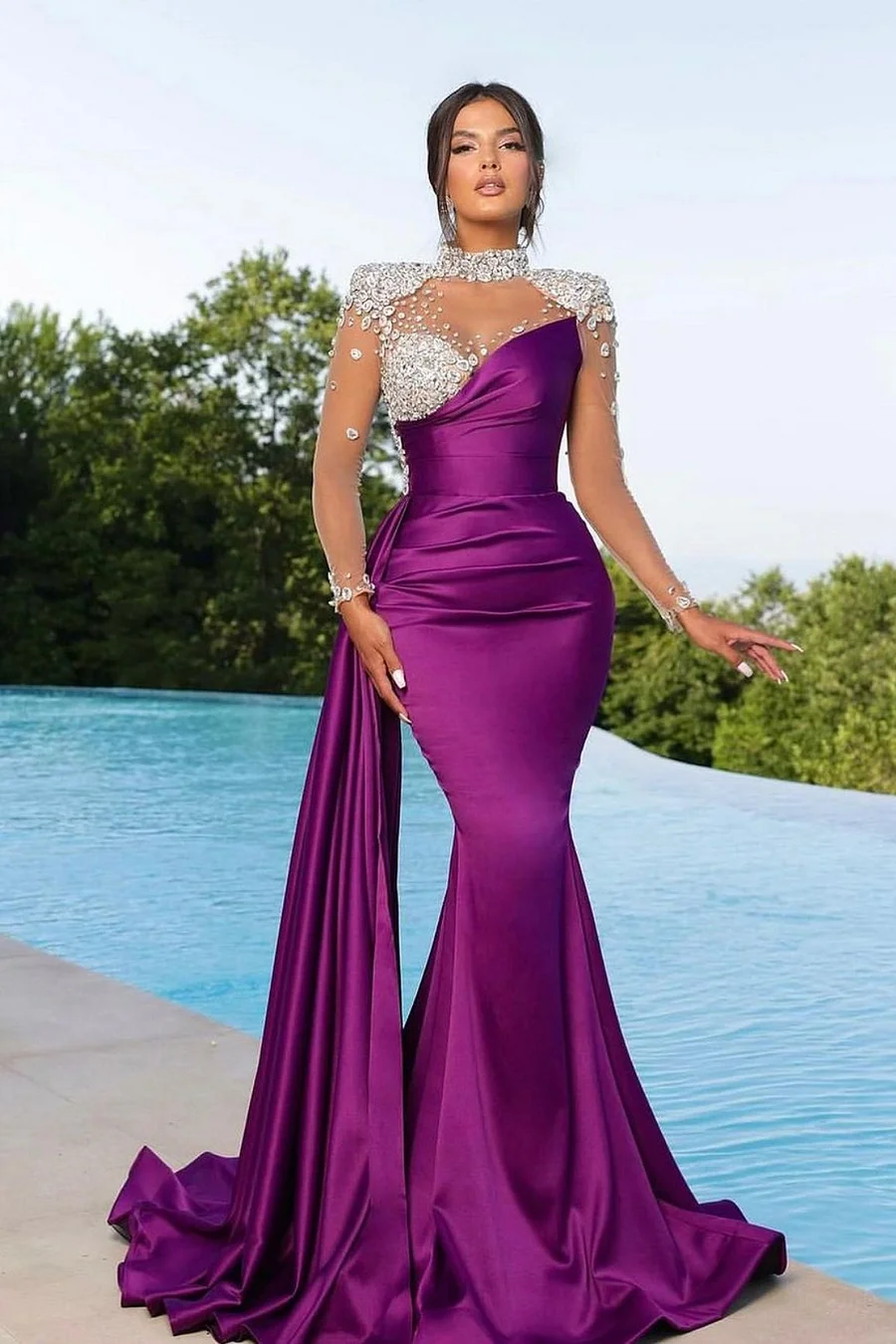 Bmbridal Purple Long Sleeves Mermaid Ruffle Gown With Crystals