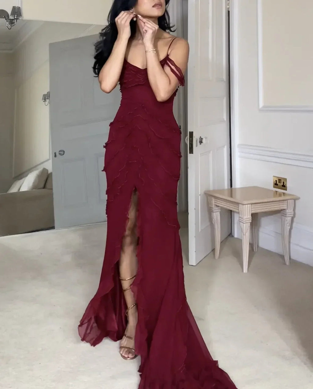 Vestido de Baile Longo de Chiffon com Fenda Sedutora Estilo Sereia Vestido de Festa Y7547