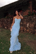 Chiffon Strapless Sleeveless Sweetheart Prom Dress Long With Ruffles